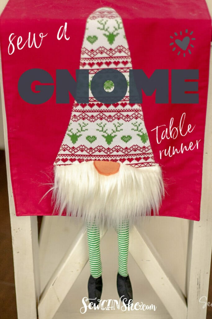 3D gnome sewn onto a Christmas table runner