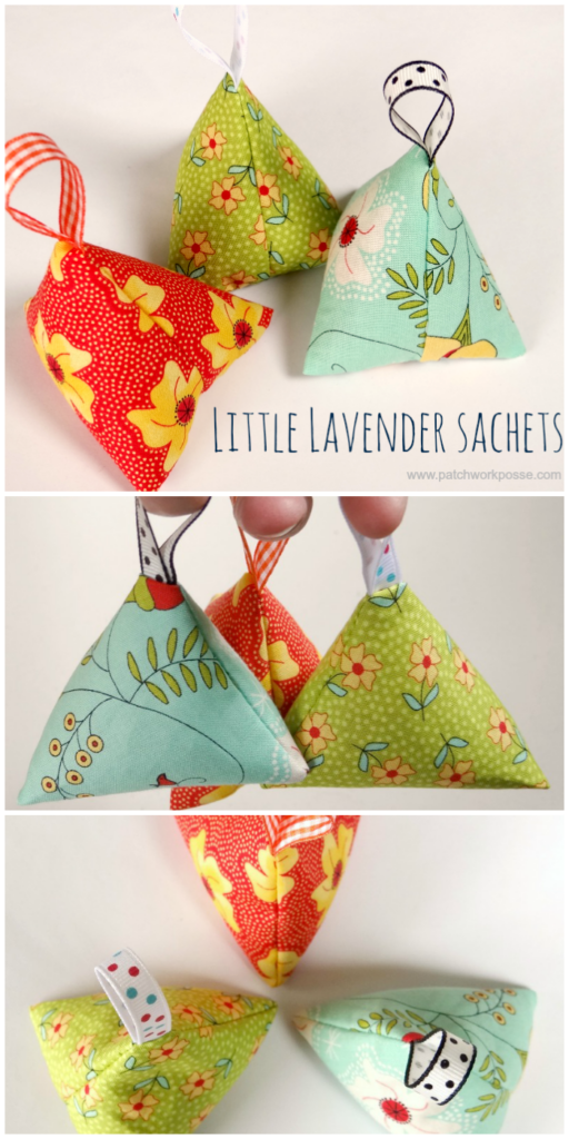 Colorful handmade lavender sachets displayed.