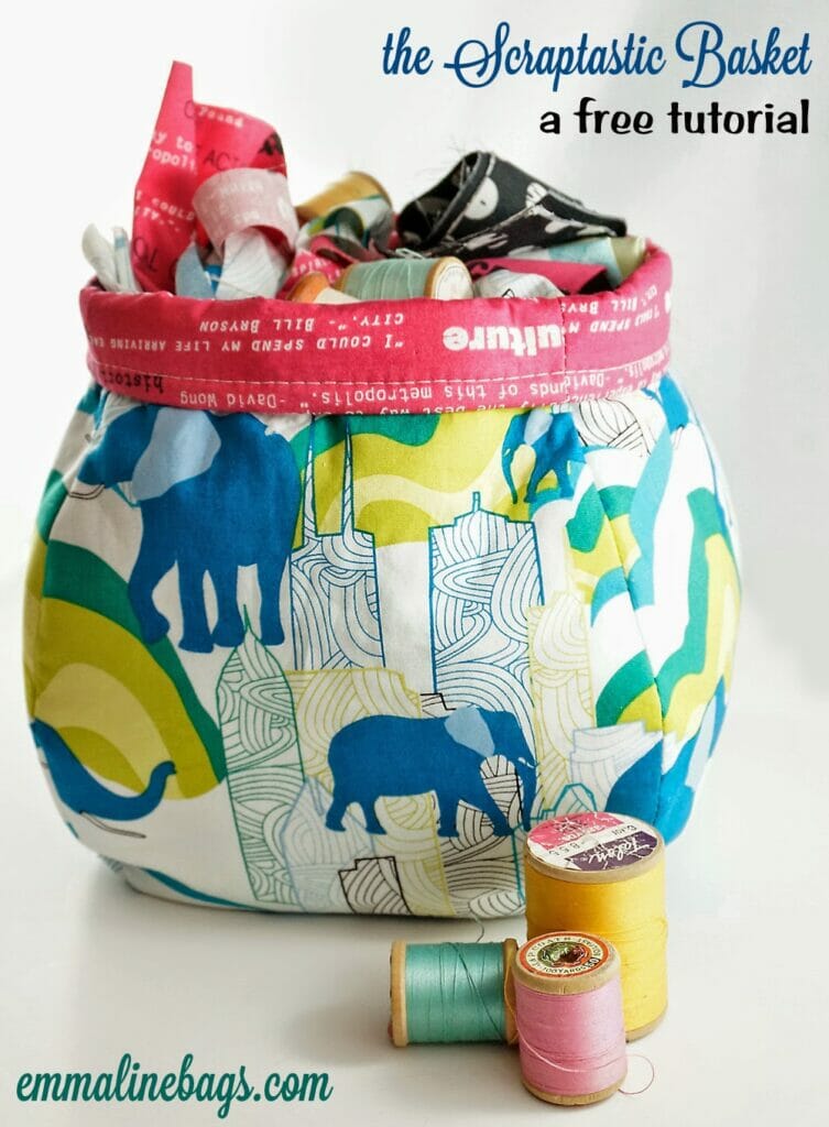 hand sewn fabric bin holding scraps