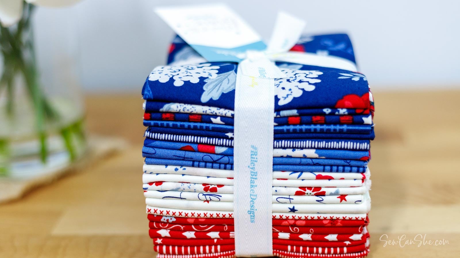 patriotic fabric in a fat quarter bundle tied with a ribbon