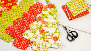 Christmas tree pot holders sewn with colorful fabric
