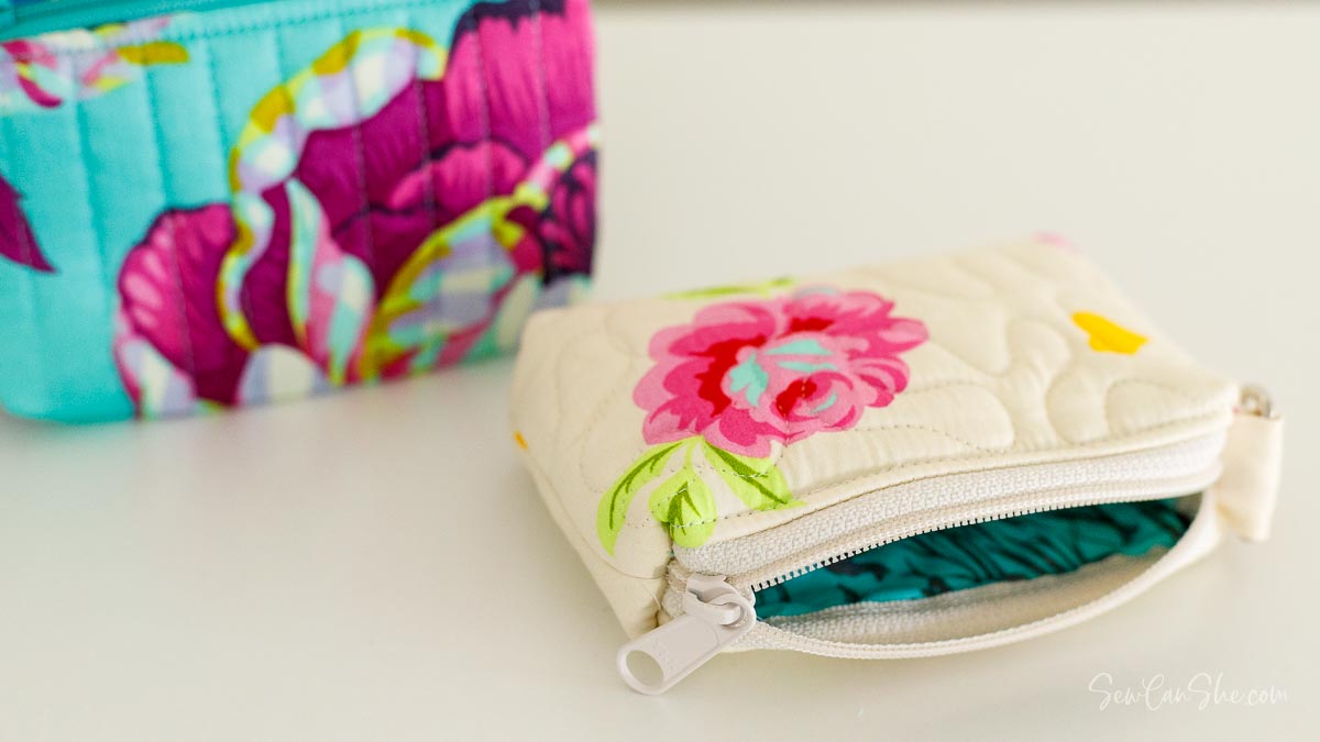quilted zipper pouch displayed with the zipper open