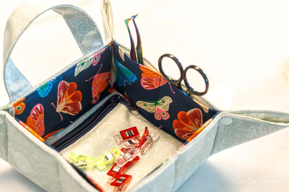 sewing caddy with sewing tools and wonderclips