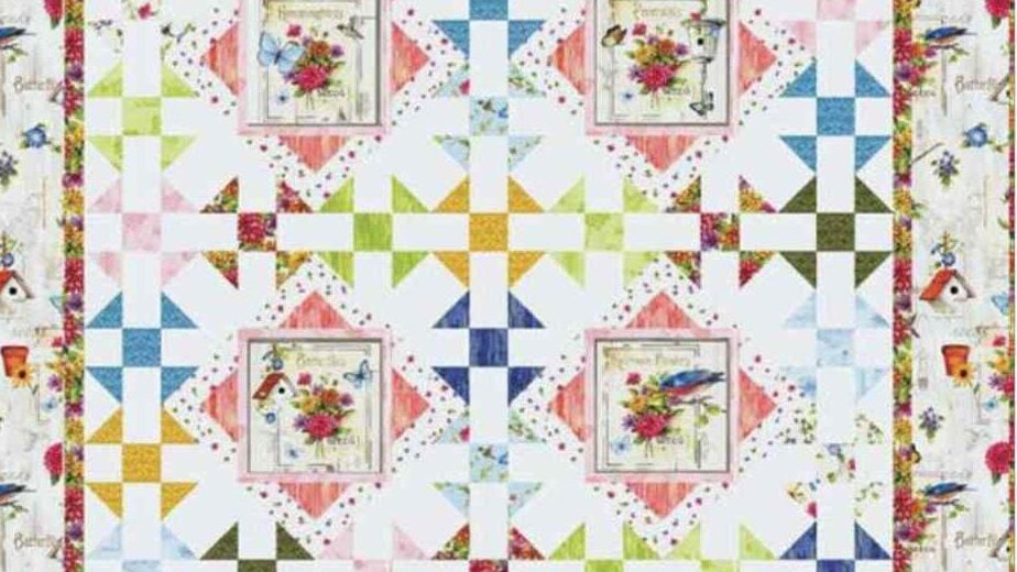 Colorful floral quilt with geometric patterns