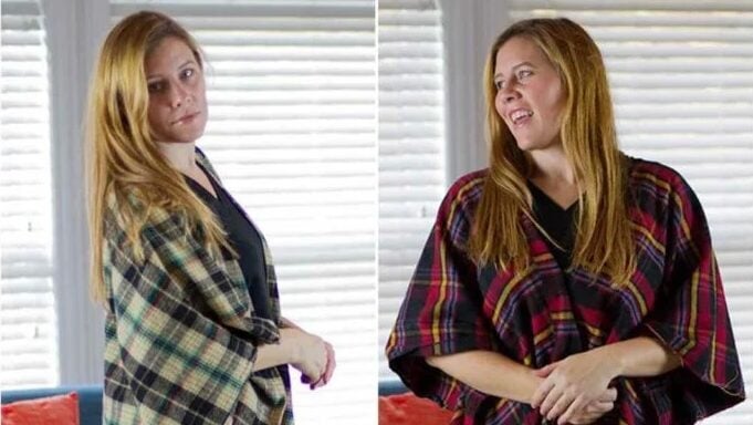 DIY flannel poncho in two colors, modeled in two poses.