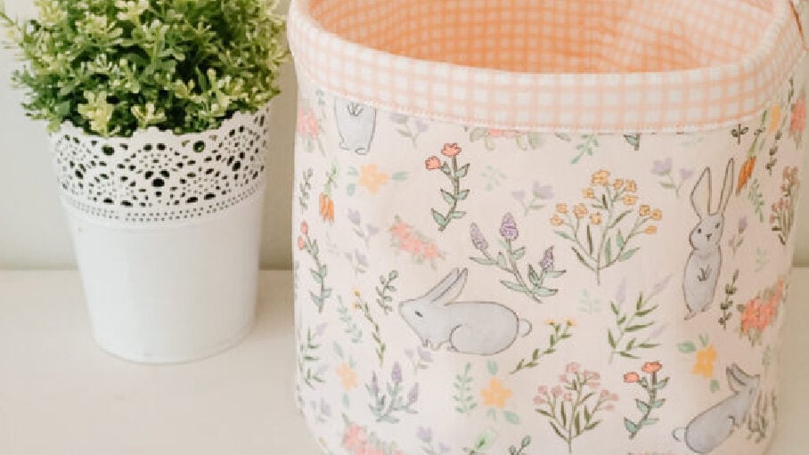 Bucket-Shaped Basket: A beginner-friendly bucket-style fabric basket in a bright spring print.