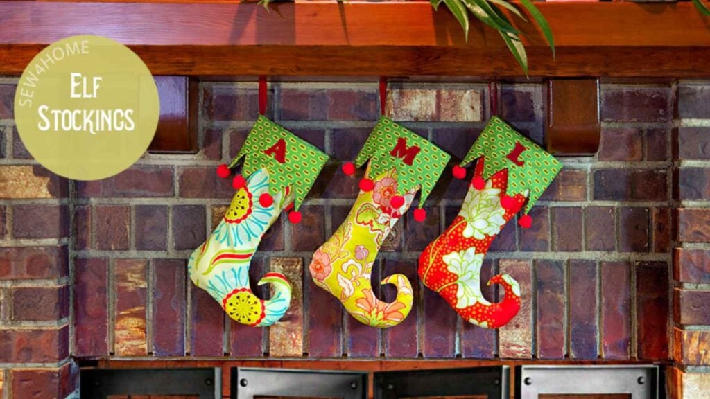 Colorful elf stockings hanging decoratively