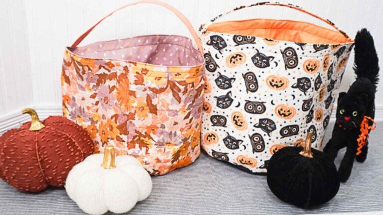 Colorful fall handmade baskets with Halloween decorations.