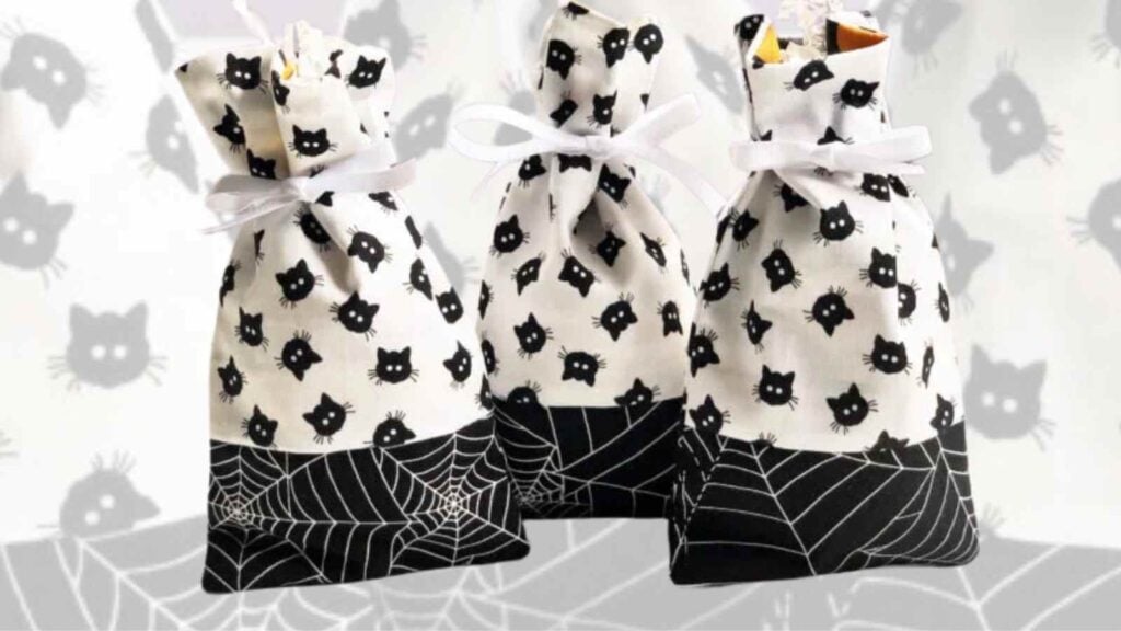 Homemade Halloween treat bags with cat fabric