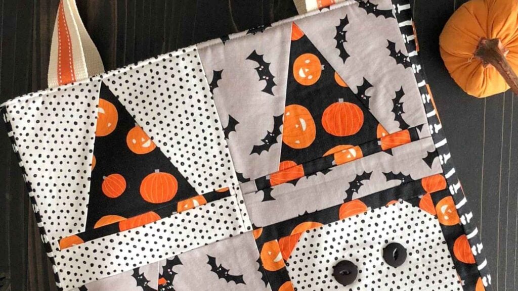 Patchwork treat bag with witch hats and a ghost using Halloween fabric