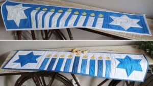 Blue and white Hanukkah table runner