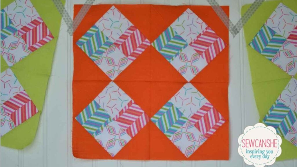 double diamond quilt blocks sewn with bright fabric squares