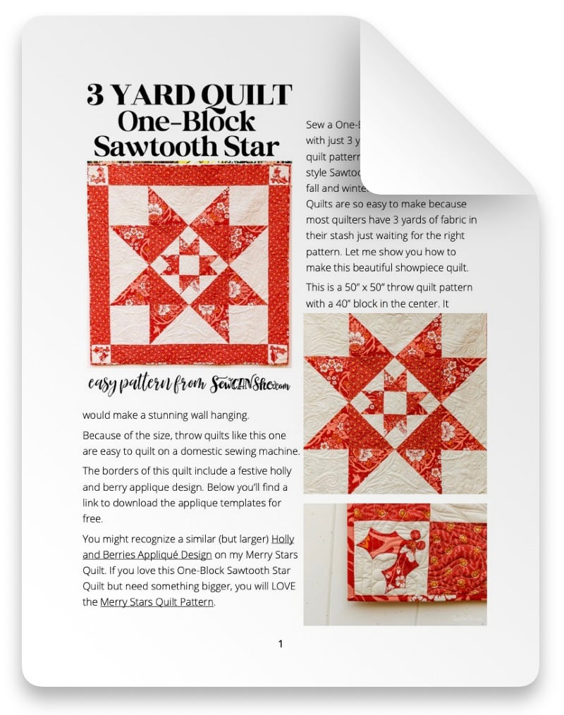 ONE BLOCK SAWTOOTH STAR 3 YARD QUILT PATTERN - OPTIMIZED FOR PRINTING