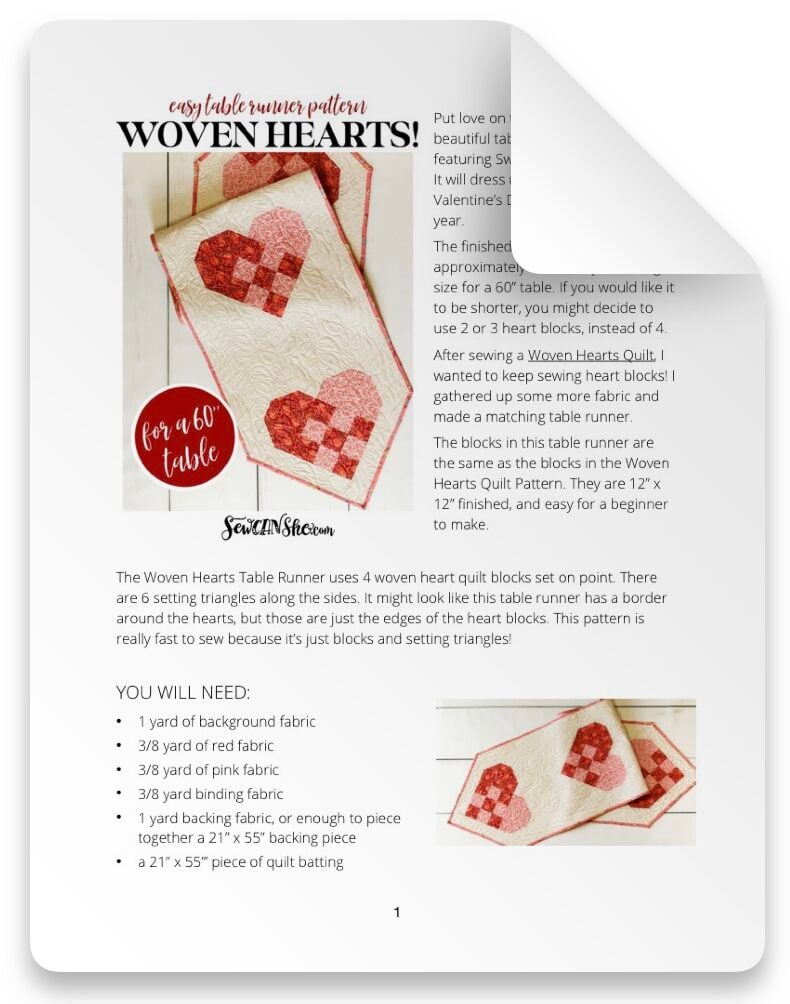 WOVEN HEARTS TABLE RUNNER SEWING PATTERN