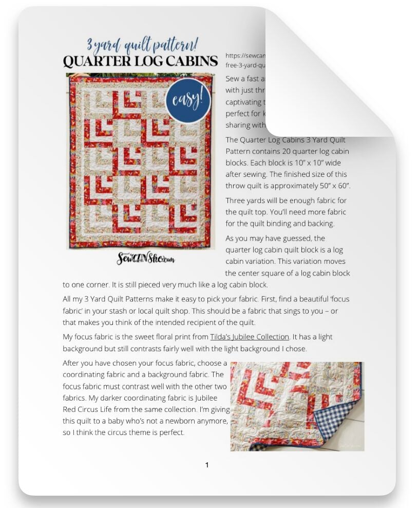 QUARTER LOG CABIN 3 YARD QUILT PATTERN