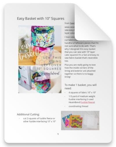 EASY BASKET SEWING PATTERN WITH 10 INCH SQUARES