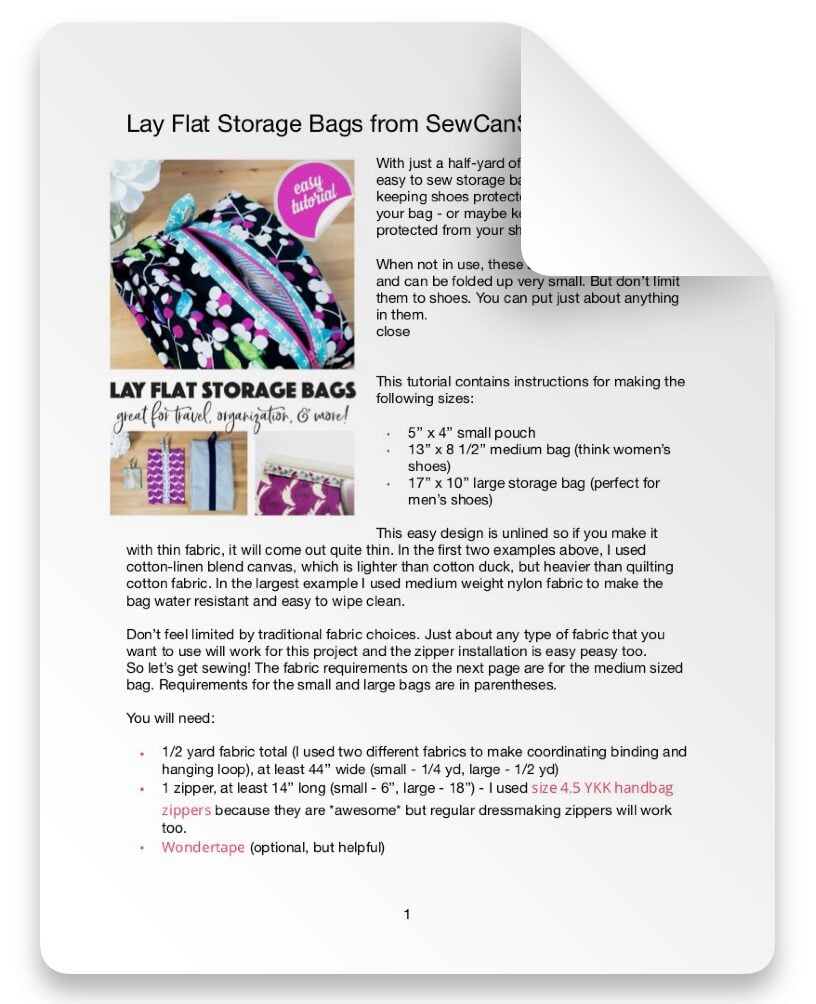 LAY FLAT SHOE STORAGE BAGS SEWING PATTERN
