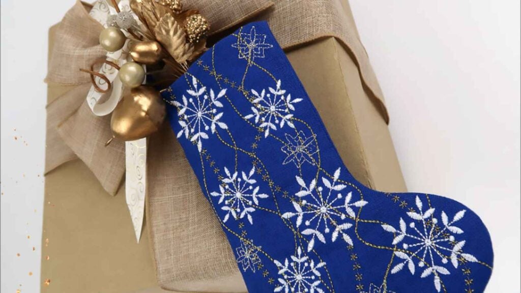 Blue stocking with white snowflakes design