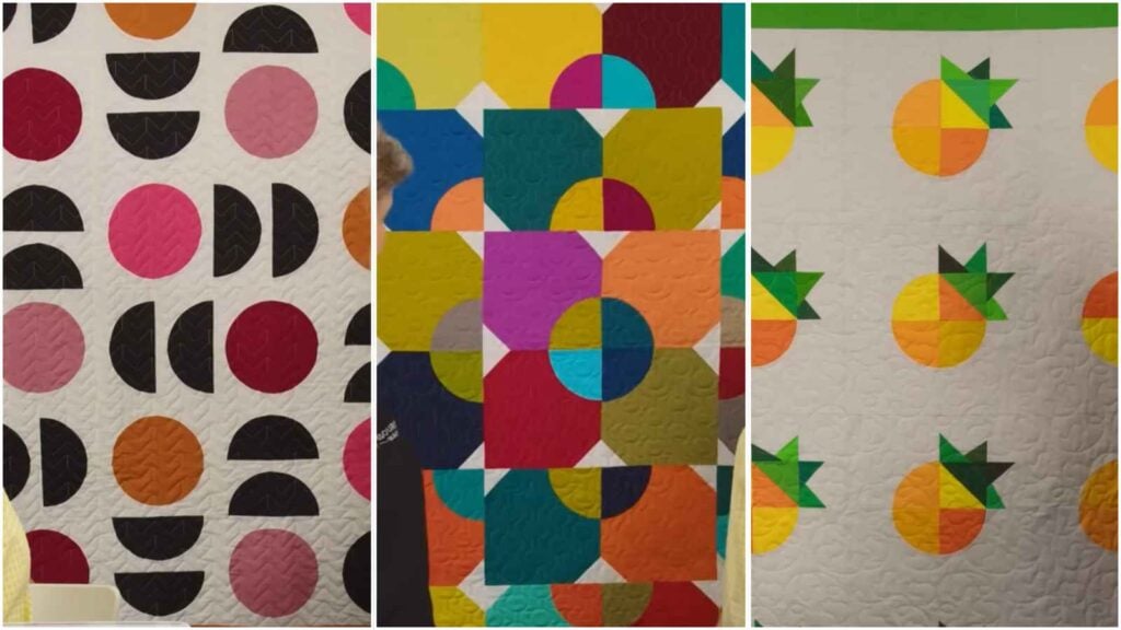 Three quilt patterns using the drunkard's path quilting unit. Each of the three quilts has a completely different color scheme and visual appeal.