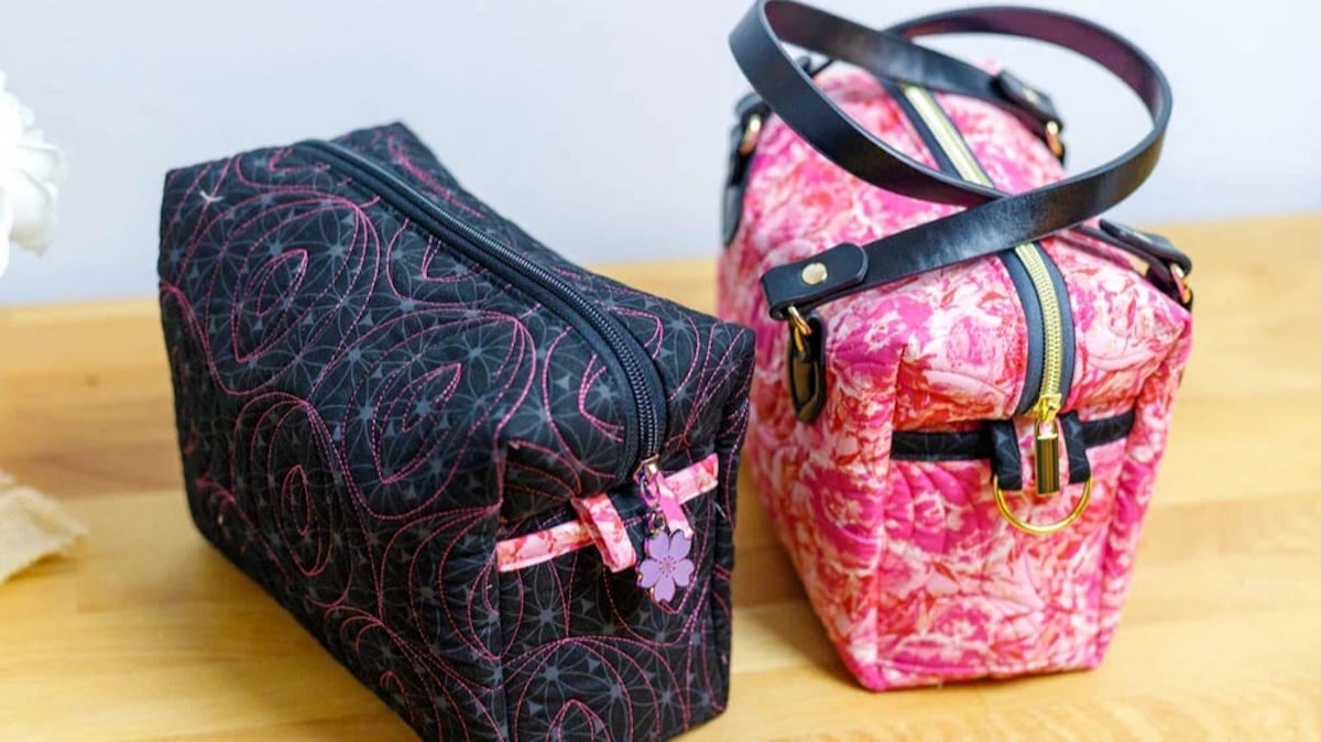 Two stylish zippered fabric bags with a free sewing pattern.