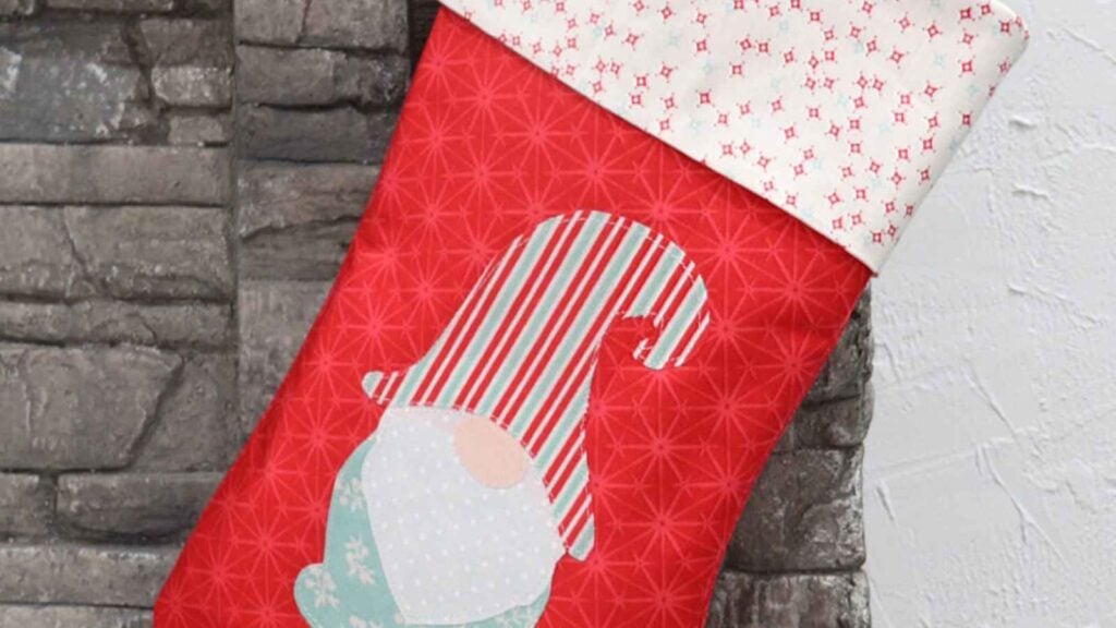Red stocking with gnome design