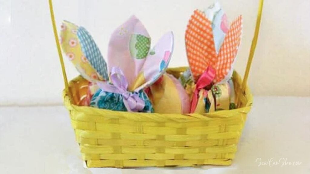Colorful Easter basket with bunny treat bags inside and fabric ears