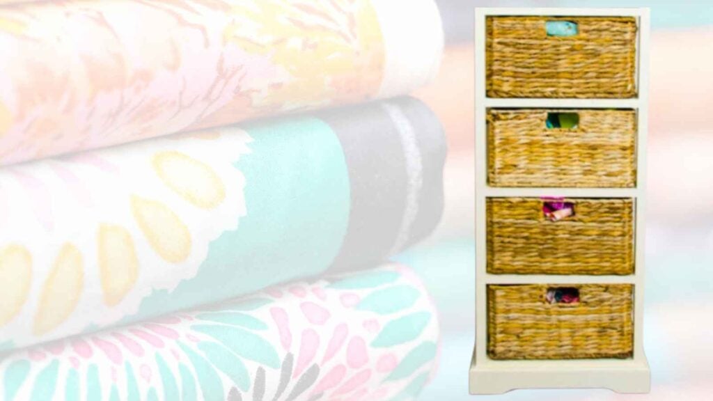 wicker drawers and folded fabric