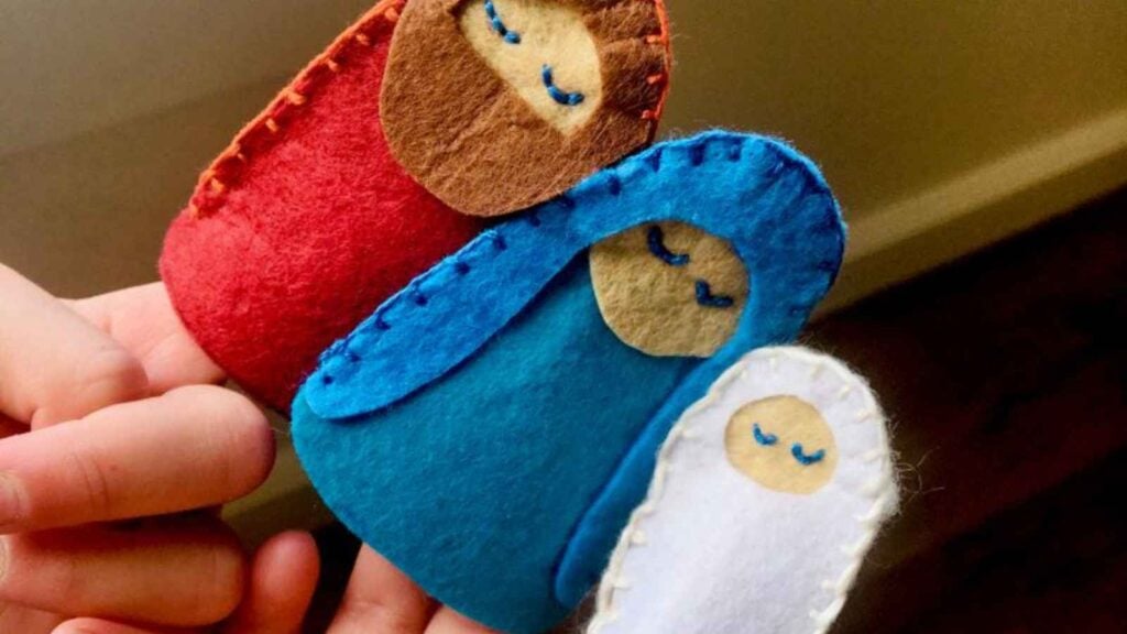 Felt finger puppets Mary, Joseph, and baby Jesus