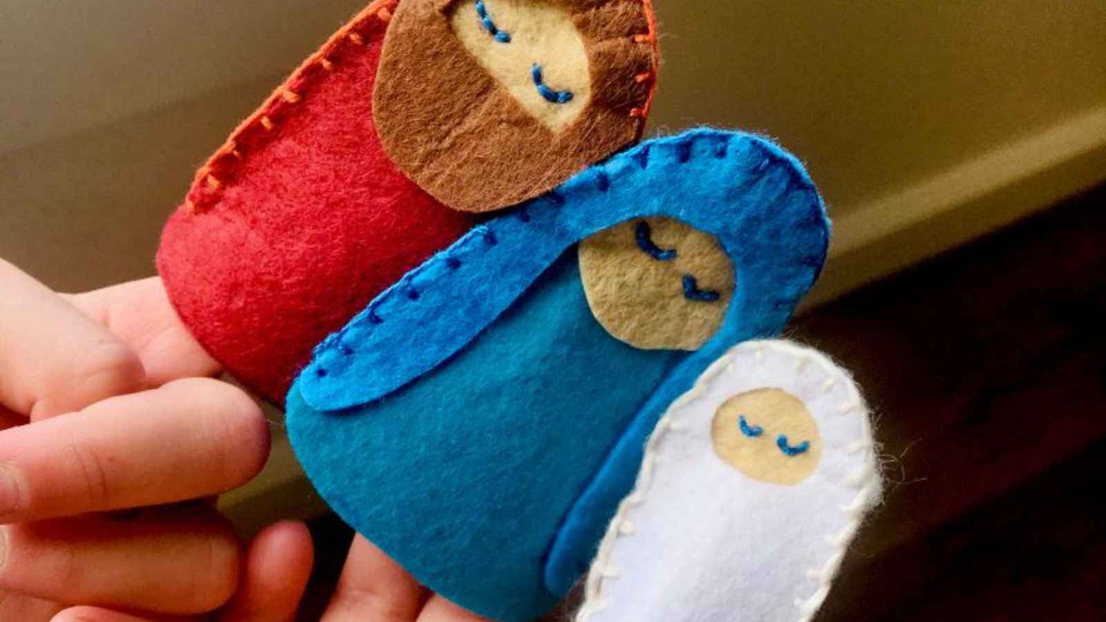 Felt finger puppets Mary, Joseph, and baby Jesus