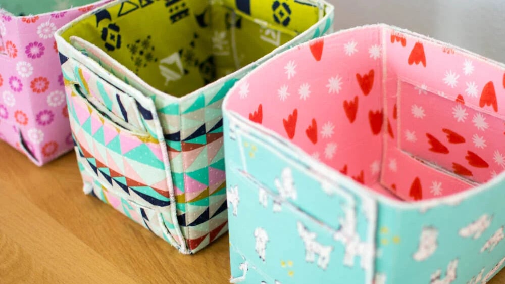 Colorful fabric storage baskets arranged neatly