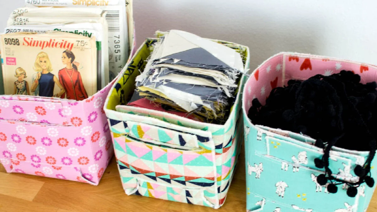 Colorful baskets organizing craft supplies.