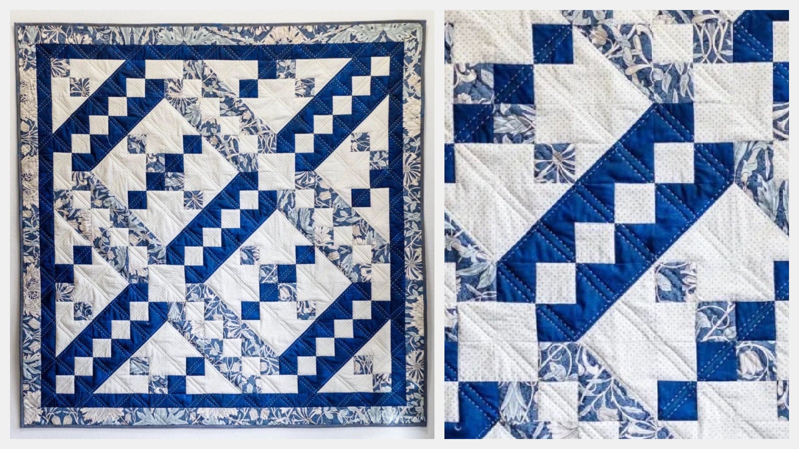 Blue, white, and gray quilt with Jacob's ladder blocks.