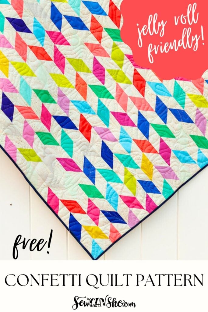 Colorful jelly roll quilt with geometric patterns that look like confetti.