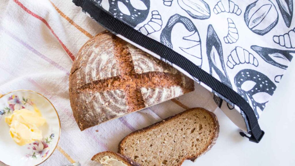 homemade bread in a homemade bread bag