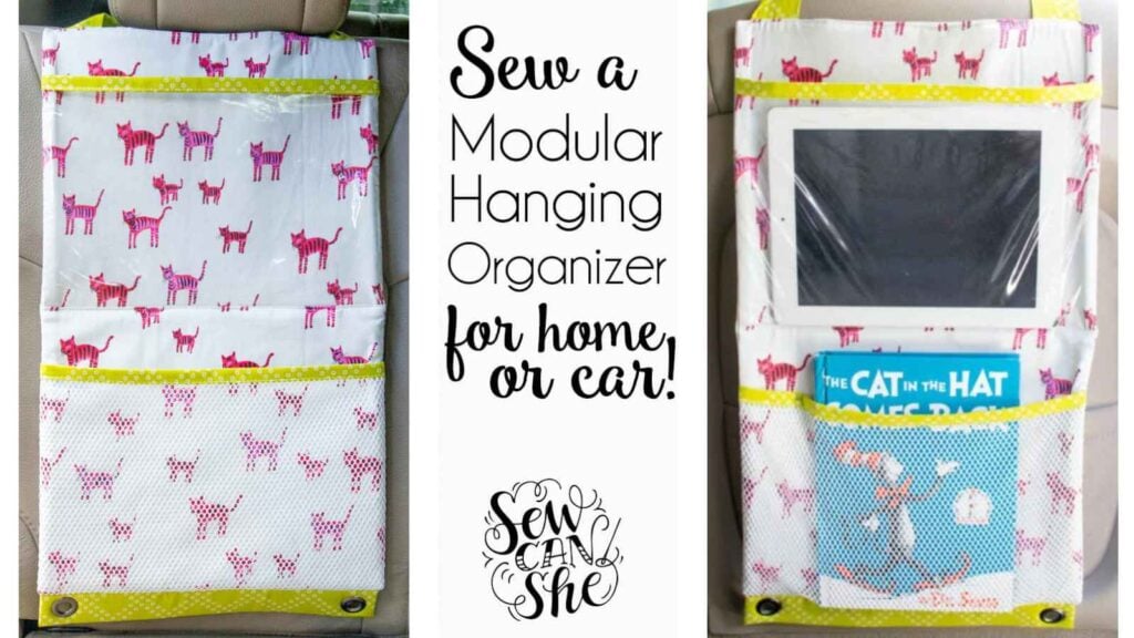DIY backseat car organizer with pockets for tablets and toys. A free sewing pattern for family road trip hacks and kids' travel organization.