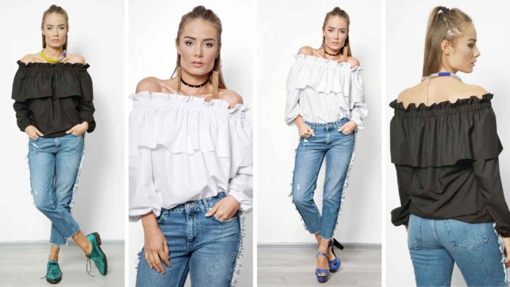 four women modeling a popular 80s style off the shoulder shirt