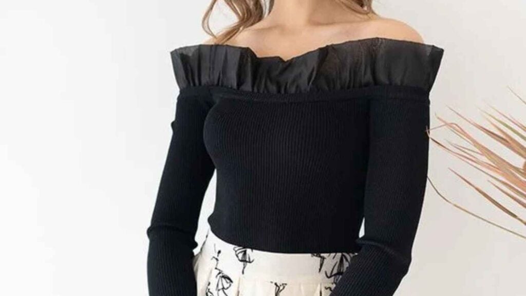 black retro top with off the shoulder ruffle