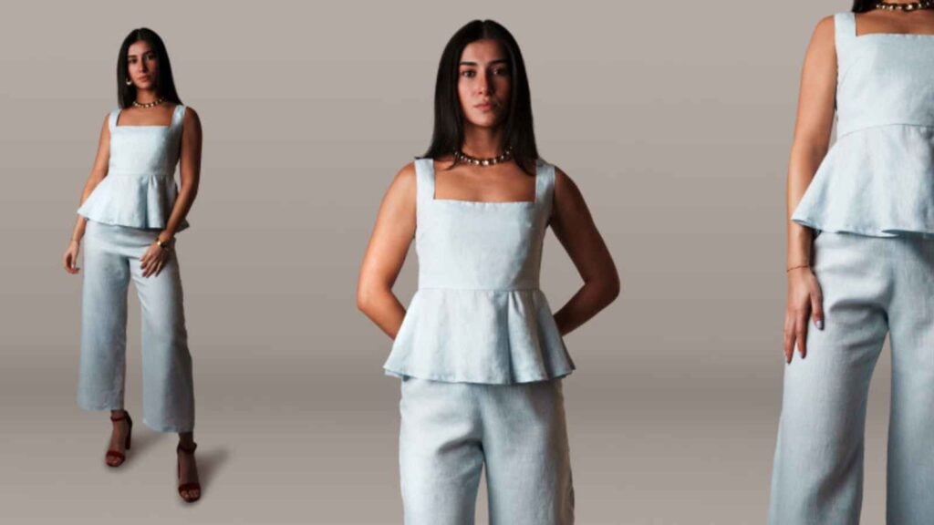 Models in a square neck peplum top and matching pants ensemble