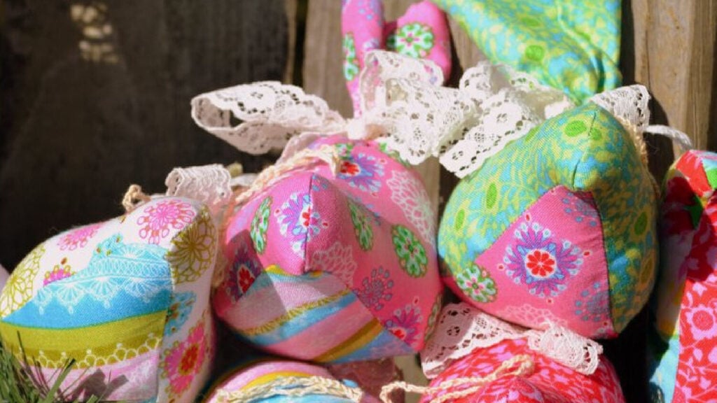 Colorful fabric bird ornaments with lace