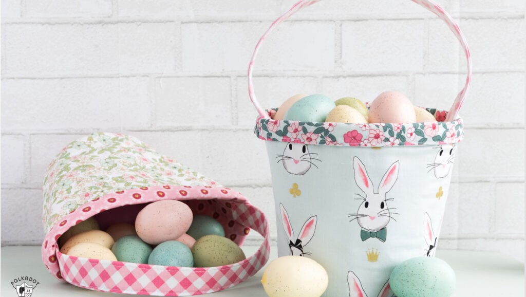 Classic Round Easter Basket: A traditional round fabric Easter basket with a sturdy upright handle and a vintage floral print.