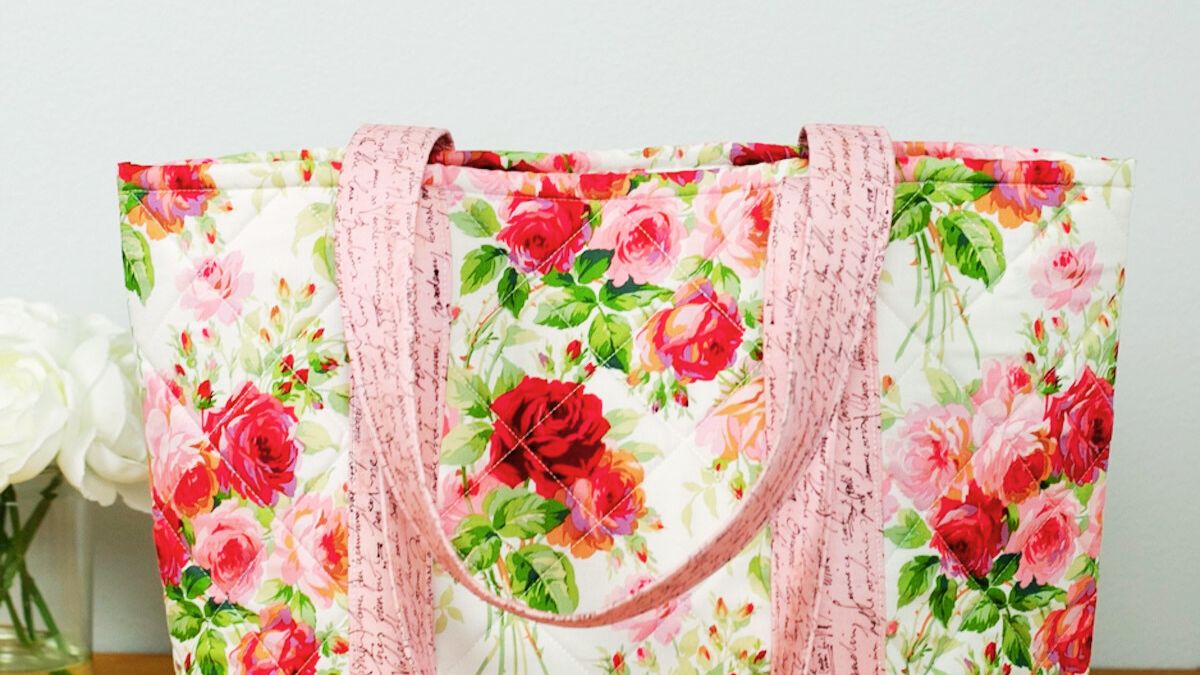 Floral-patterned tote bag with handles