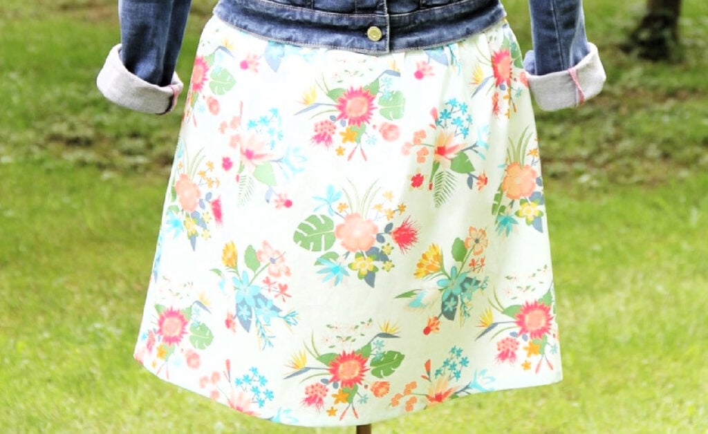 Hand sewn floral skirt styled with a denim jacket