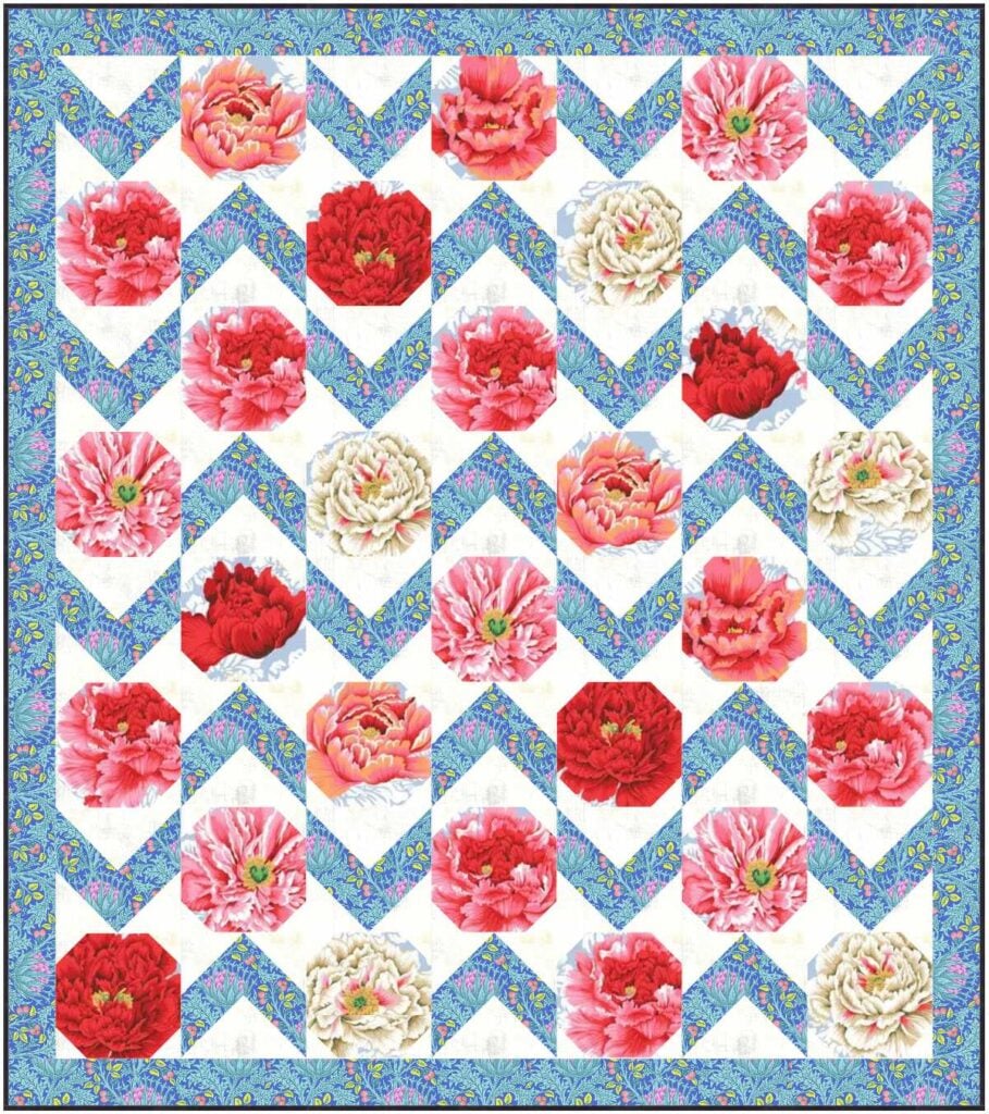 Colorful floral quilt with zigzag pattern