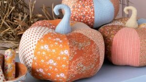 Colorful patchwork pumpkins with stems