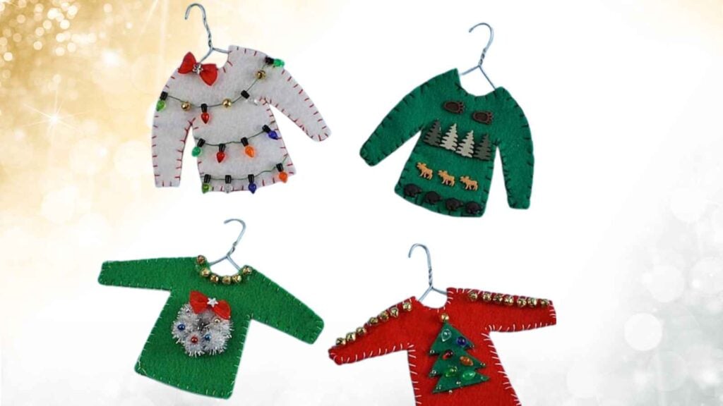 four handmade mini ugly Christmas sweater ornaments