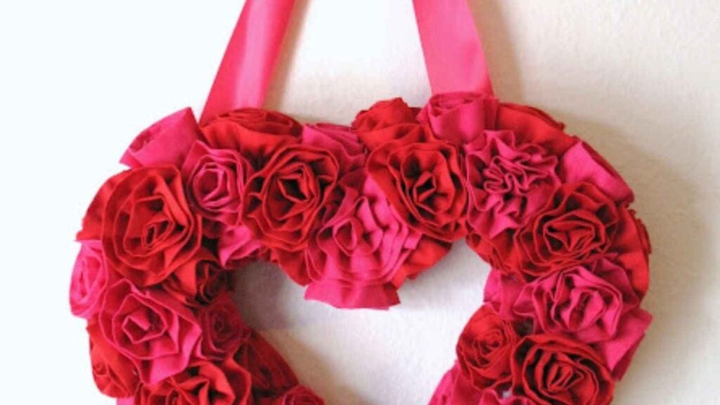 Colorful heart-shaped fabric flower wreath
