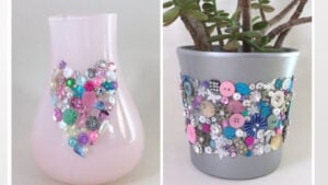 Button craft design on flower vases in beautiful colors and textiures.