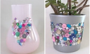 Button craft design on flower vases in beautiful colors and textiures.