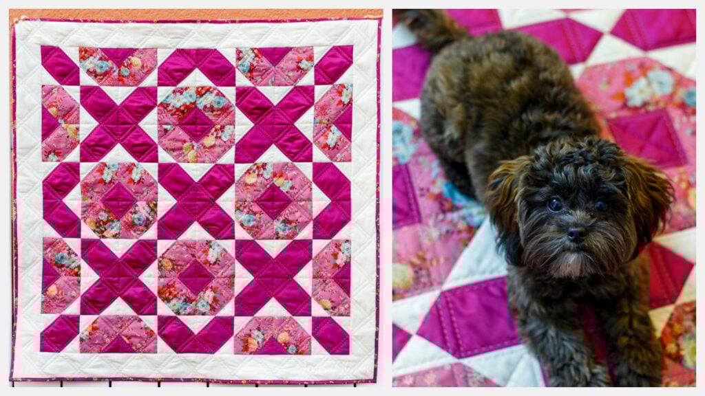 Cute pink, floral, and white quilt with a dog resting on it.